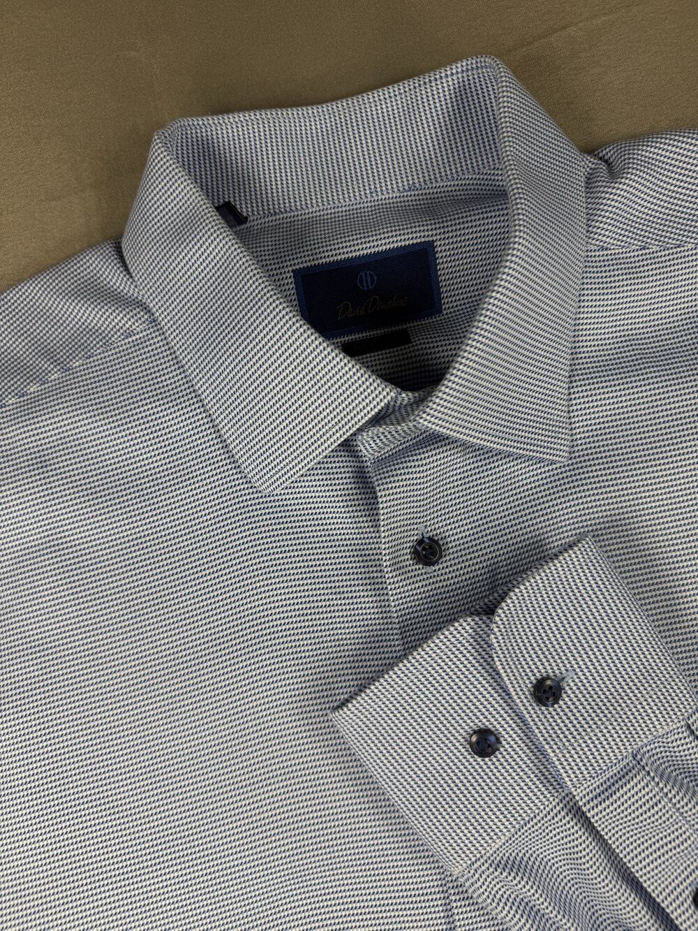 David Donahue Men's 18.5/34-35 Blue Micro Check Long Sleeve Dress Shirt